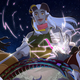 Two humans and a qunari stand against a night sky.